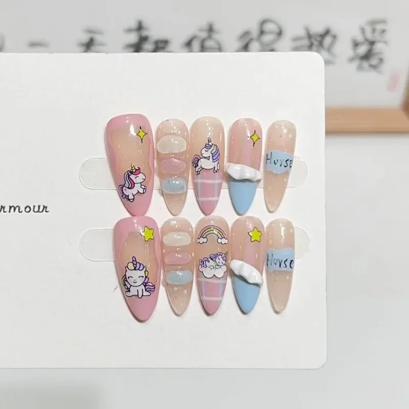 【Unicorn=zomerdopamine 10 Stks/set Volledige Dekking Valse Nagels Drukken Op Nagels Nepnagels Doe-Het-Zelf Handgemaakte Verwijderbare Hosishop