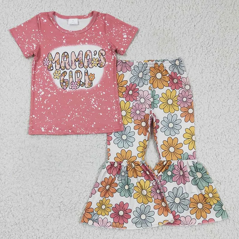 

Toddler Mama's Girl Pink Short Sleeves Shirt Boutique Clothes Floral Bell Bottom Pants Flower Outfit Children Mother's Day Set