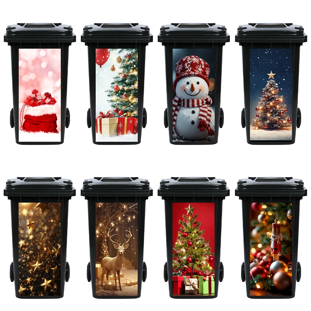 

2025 Christmas Gift Box Printed Trash Can Decals New Year Festival Decor Removable Xmas Tree Snowman Large Garbage Bin Sticker