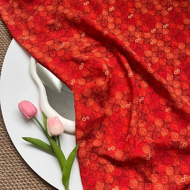 Elegant Dark Red Diamond Thin Cotton Fabric, for Cheongsam Summer Dress Skirt Sewing Cloth 150x50cm