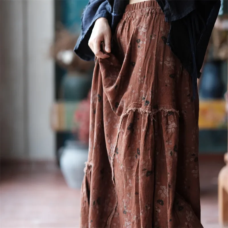 Spring Autumn Arts Style Elastic Waist Cotton Linen A-line Long Skirt Women Floral Printed Loose Casual Vintage Pleated Skirt