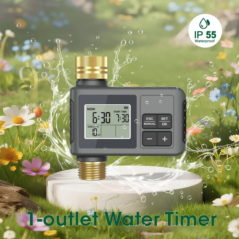 

Умный контроллер полива с латунным выходом для газона и сада, автоматический таймер полива, водонепроницаемый IP55, размер 11.13x10.7x4.47см