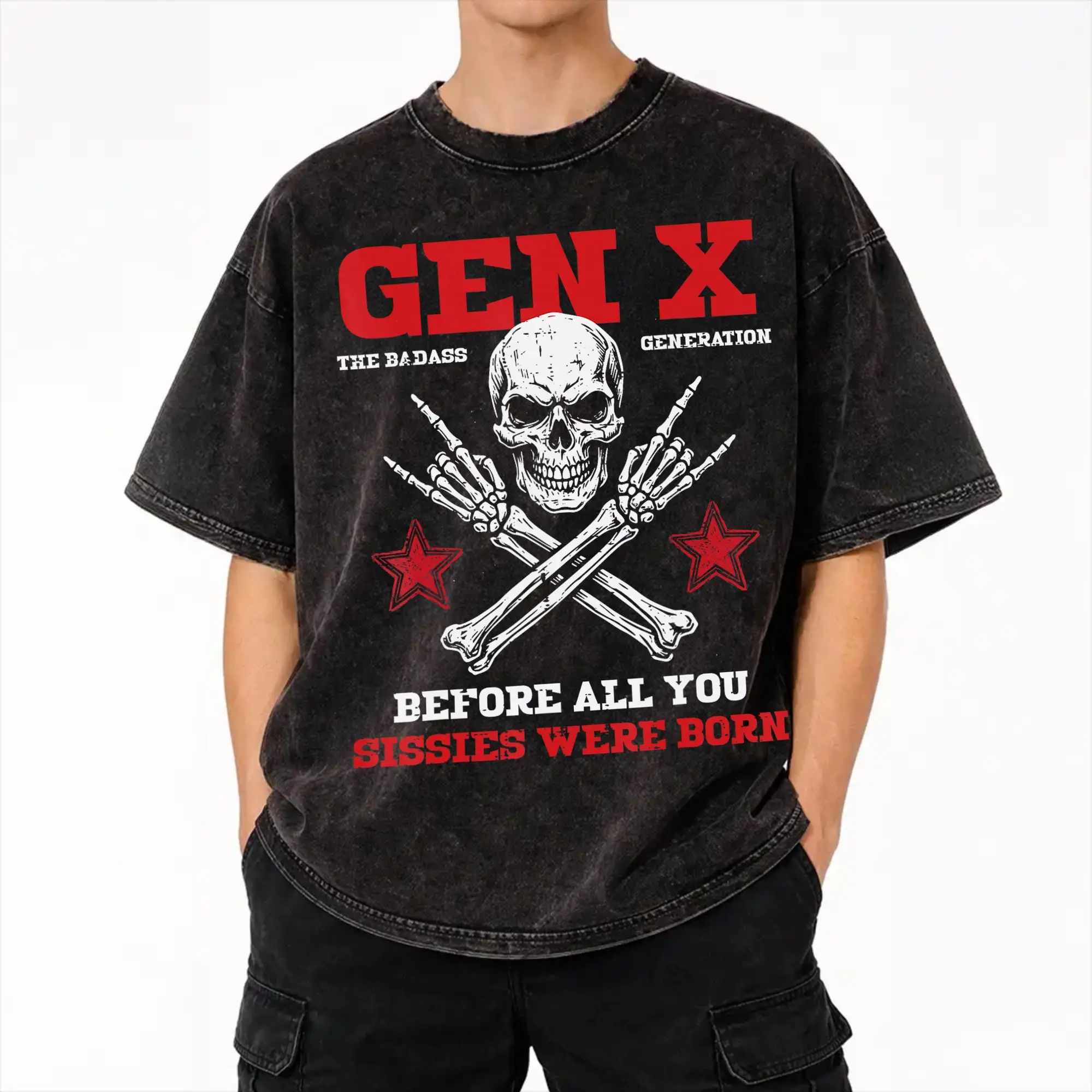 2026 Gen X Skull Rock Badass Generation Funny Saying Men Women  Washed T Shirts Outfit Harajuku T-Shirts  for Men Women Tee