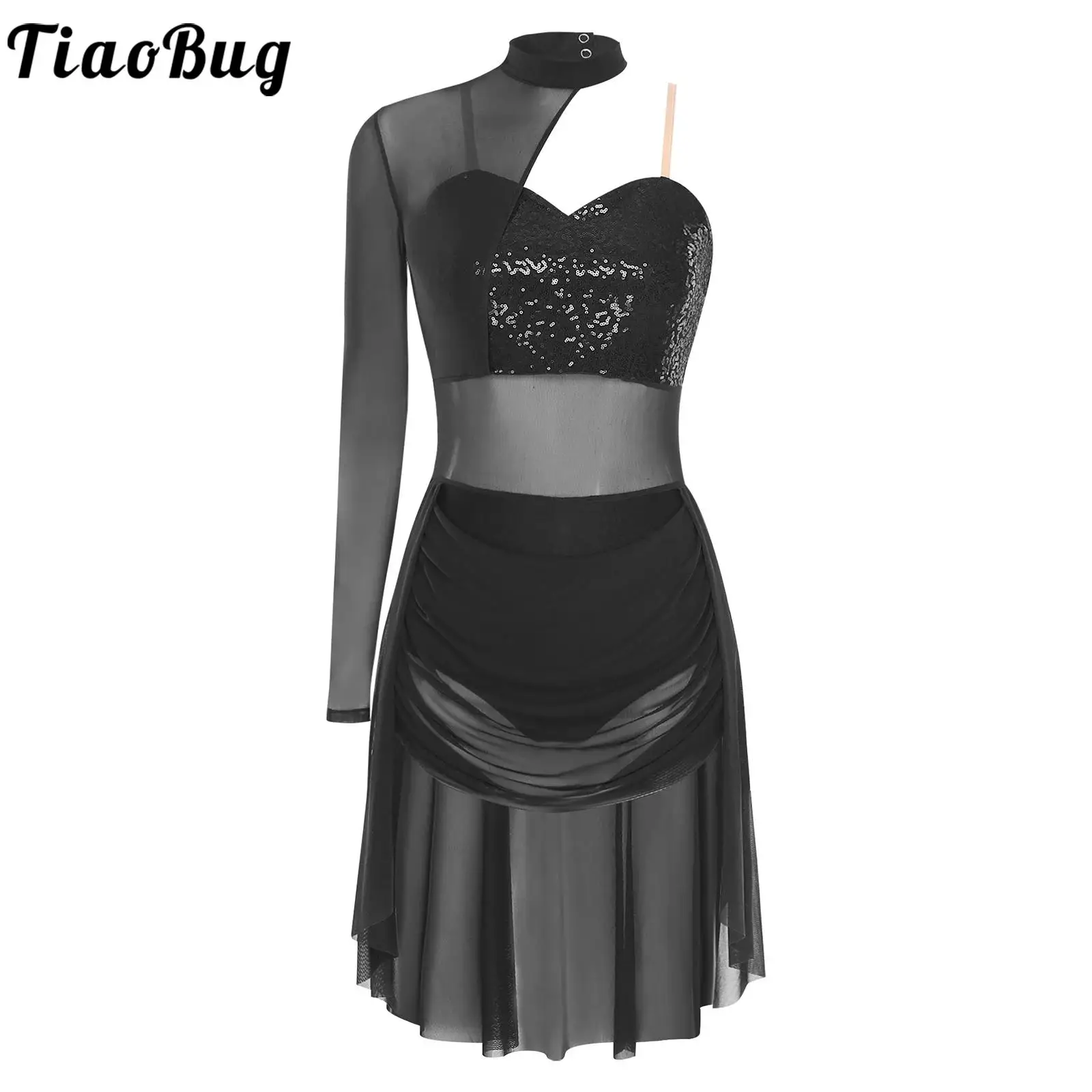 

Women Ice Skating Leotards Ballet Modern Dance Dress Performance Costume One Sleeve Sparkly Sequin Bodysuit Lyrical Dance Dress