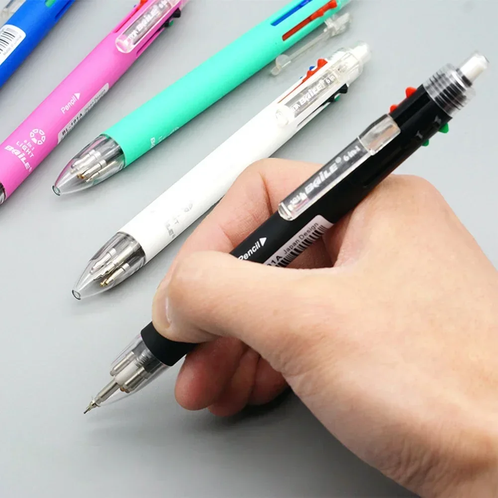 6 In 1 Multicolor Roll Ball Pen Set with Refills Lead 5 Color Ballpoint Pen and 1 Pencil Core Creative Multifunction Marking Pen