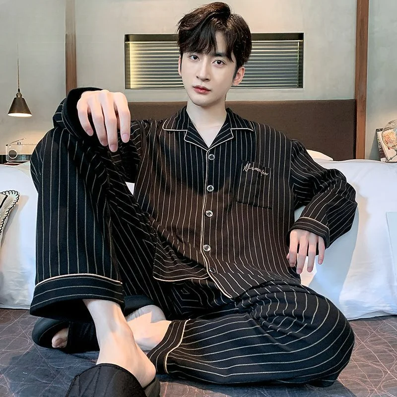 

Spring Autumn Striped Men's Plus-size Suit Pajamas Cotton Long Sleeves Can Be Worn Outside Men's High Appearance Level Home Wear