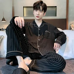 Spring Autumn Striped Men's Plus-size Suit Pajamas Cotton Long Sleeves Can Be Worn Outside Men's High Appearance Level Home Wear