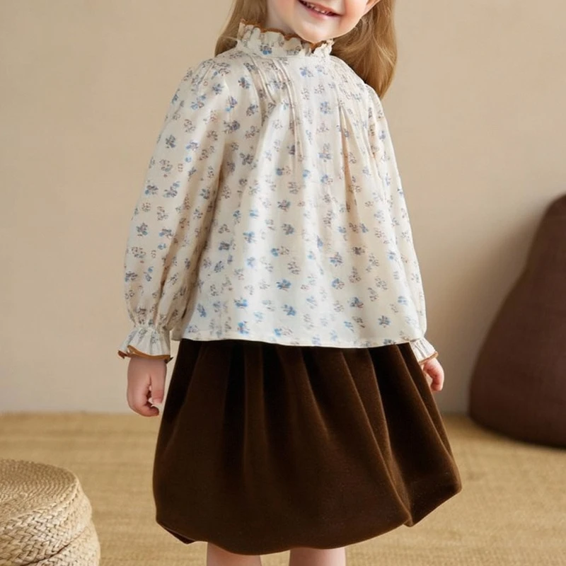 Retro Print Lace-Trimmed Floral Corduroy Long-Sleeve Shirt for Girls Spring New Stand-Up Collar Loose Palace-Style Blouse