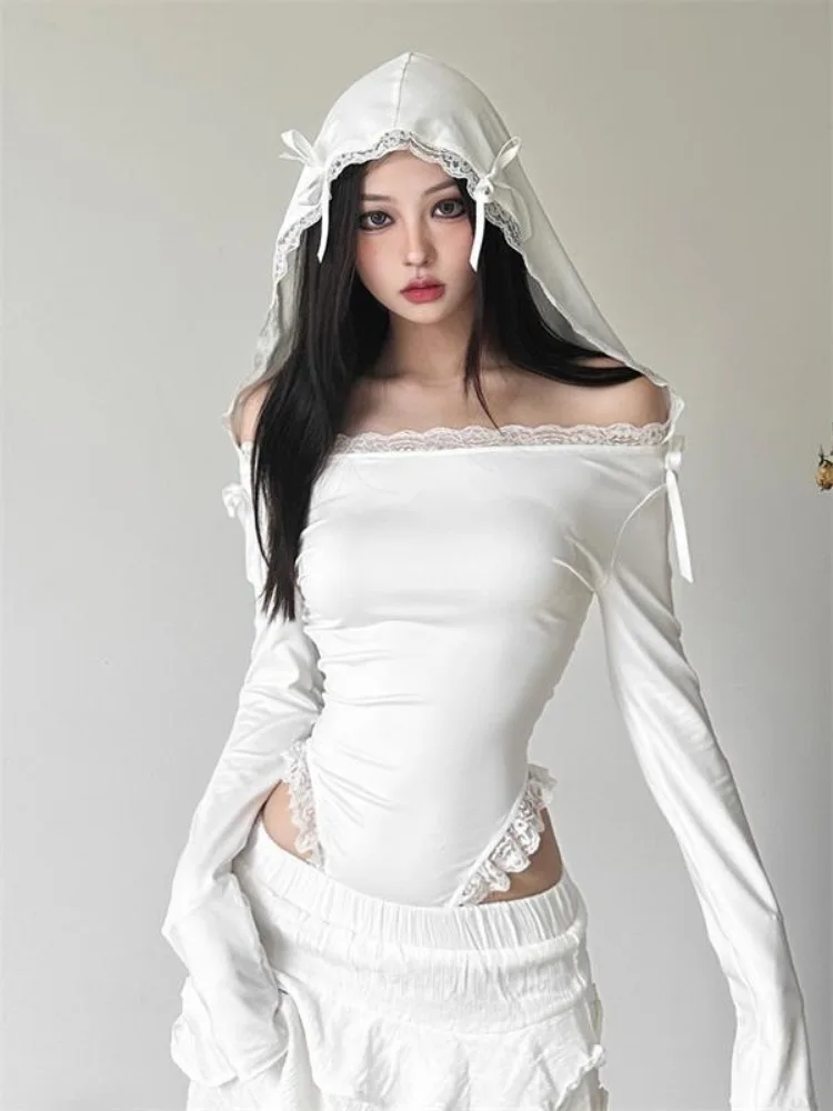 Fashion Sexy Off Shoulder Lace White Bodysuit Y2k Hooded Long Sleeved T-shirt for Women 2024 Summer New Slim Fit Tops Mujer