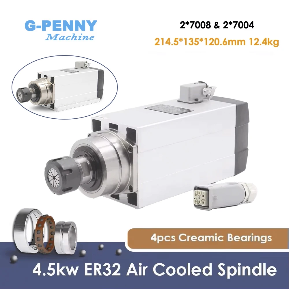G-Penny 4.5kw ER32 Air Cooled Spindle Motor 220v/380v Square Spindle Ceramic Ball Bearings 0.01mm Wood Milling Engraving CNC
