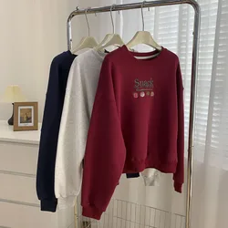 Vintage Burgundy O-Neck Pullover Sweatshirt Women's Loose Korean Style Thick Warm Tops Fashion Embroidery Casual Hoodied