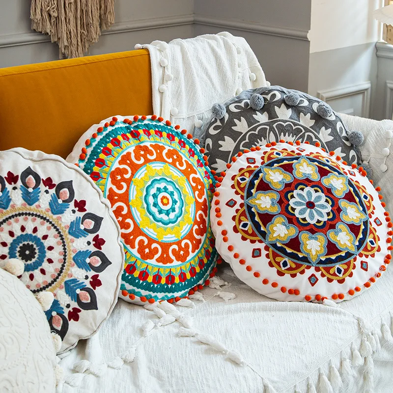 Taie d'oreiller ronde de style ethnique marocain, taie d'oreiller décorative indienne, boule de coussin de canapé, littérature à la main, salon