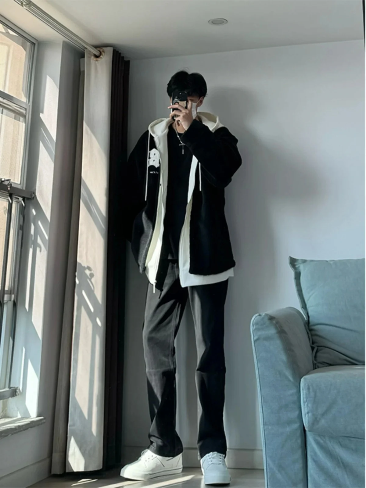 

Black Zipper Cuffed Denim Jeans Men's Autumn Winter Slim Fit Straight Leg High Street Style Youthful Trendy Long Pants