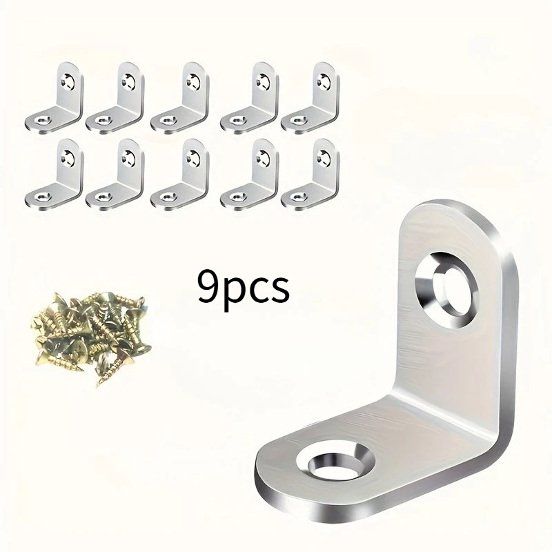 9pcs Heavy-Duty Stainless Steel L-Shaped Brackets Set with Screws - For Wooden Furniture, Tables