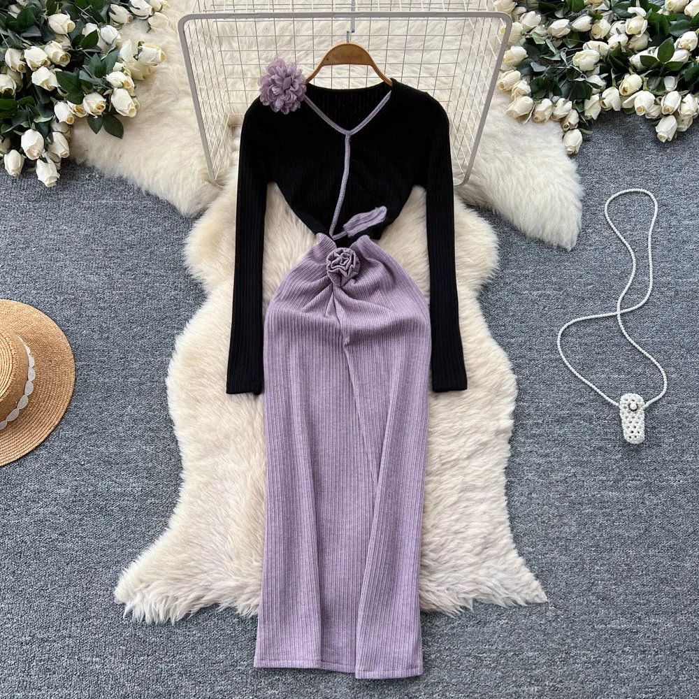 

Women Dresses Long Dress Sexy Vestidos Y2k Streetwear V Neck Floral Wrap Hip Elegant Knit Party Night Work 2025 Autumn Winter