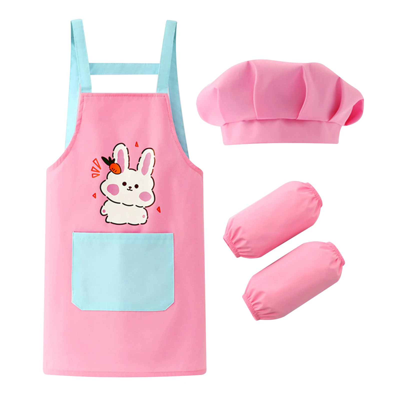 Kids Boys Girls Waterproof Apron Painter Chef Cosplay Costume Prop Cooking Baking Eating Drawing Cover Bib with Hat Arm Sleeve