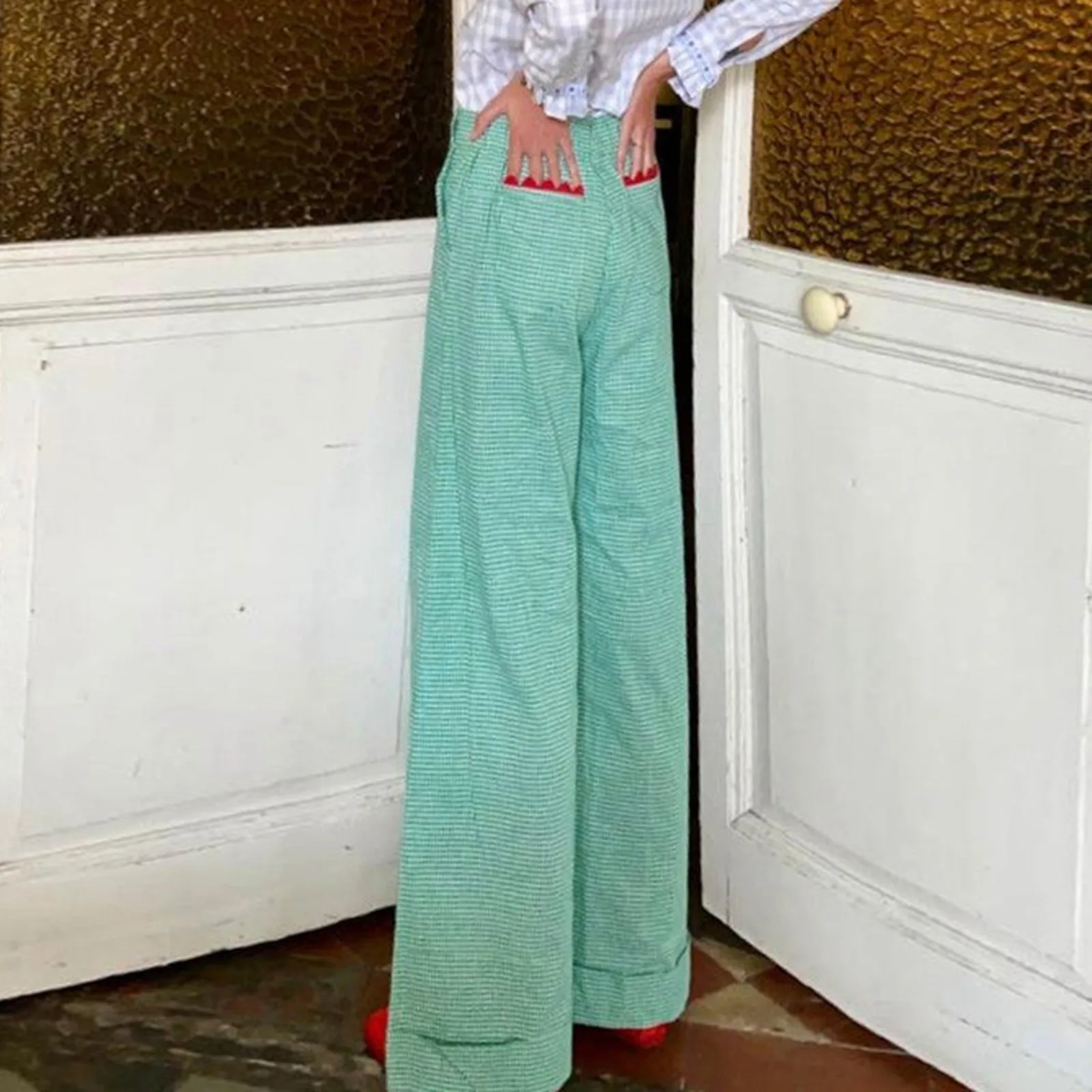 2024 Autumn New Casual Stripe Printed Pants Elastic High Waist Wide Leg Pants with Pocket Loose Fit Fashion Trousers Women