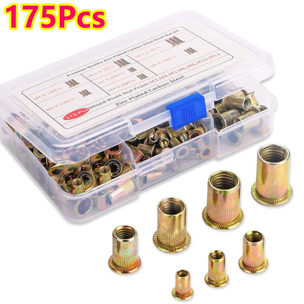 175Pcs Carbon Steel Rivet Nut Assortment Flat Head M3 M4 M5 M6 M8 M10 M12 Threaded Insert Nuts Kit for Metalworking DIY Projects