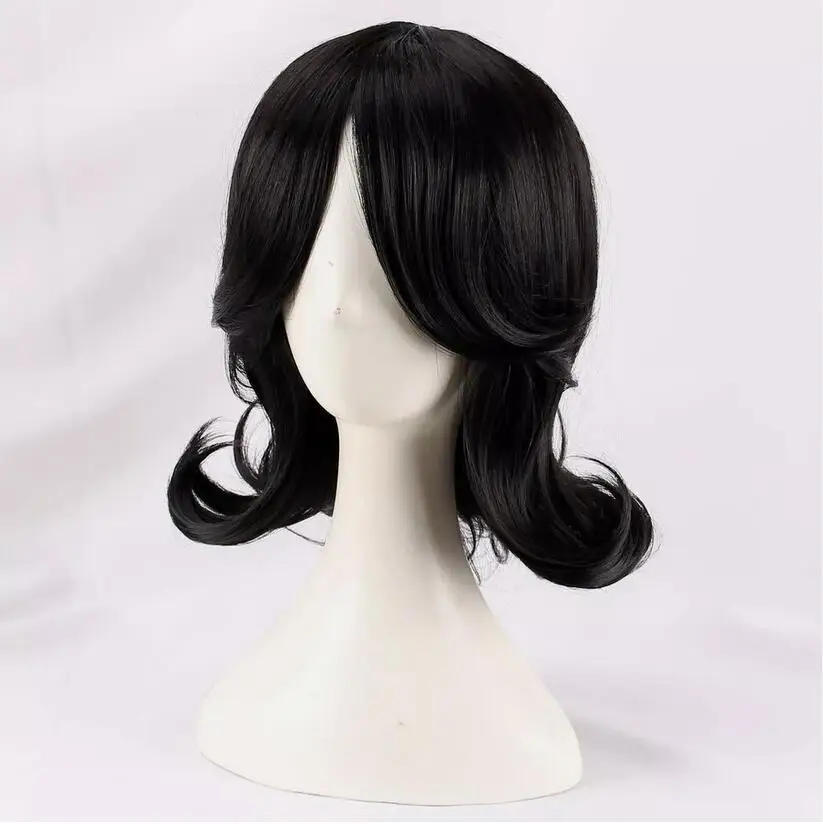 Wig Cosplay wanita, rambut palsu pendek berombak hitam