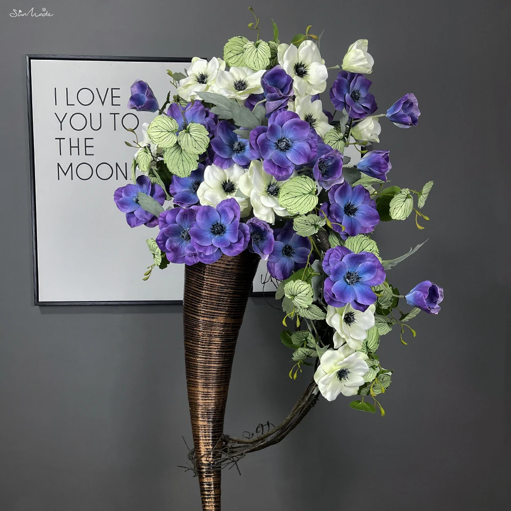 SunMade New Luxury Classical 3 Heads Anemone Branch Fake Flowers Home Wedding Decoration Fall Decor Blue Flores Artificiales