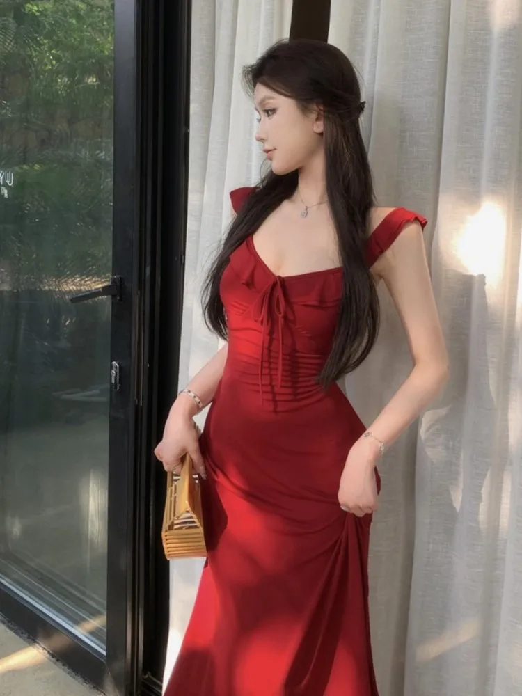 

Women Elegant Ruffles V-neck Lace-up Spaghetti Strap Dress Summer Korean Backless Slim Waist Dresses Holiday Vacation Robe New