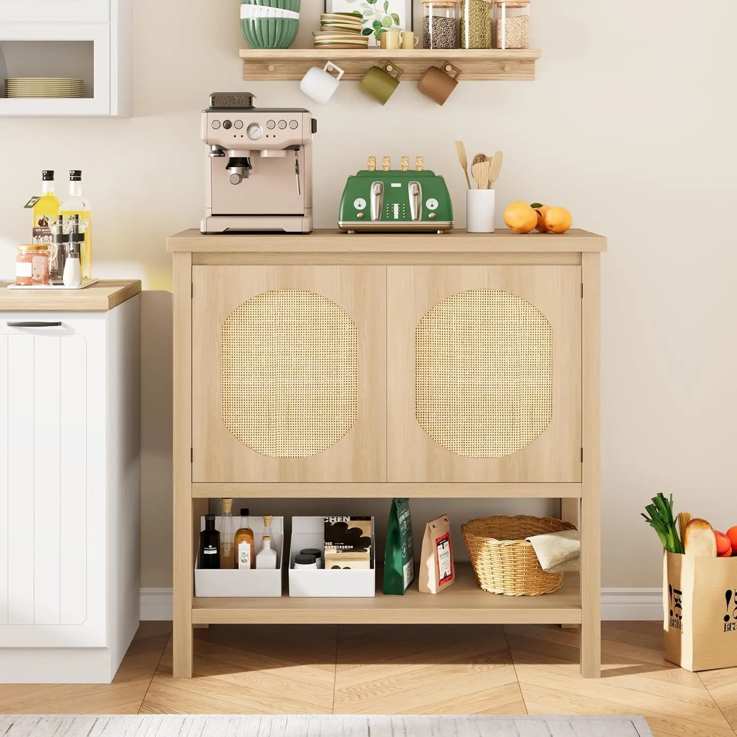 Sideboard Buffet Cabinet with Storage with 2 Rattan Cabinet Doors, Entryway Table with Storage Shelf, Sofa Table, for Kitchen