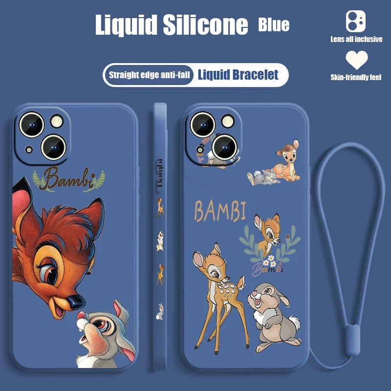 Disney Bambi Cartoon For iPhone 15 14 13 12 11 Pro Max 8 7 Plus XR XS X Liquid Left Rope Phone Case