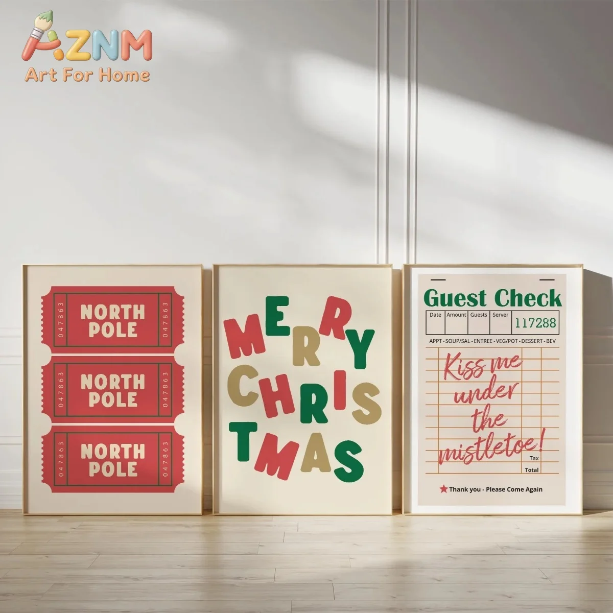 AZNM Frameless 2D Flat North‑Pole Ticket Merry Christmas Mistletoe Guest Check Canvas Print, Reusable Retro Trendy European Holi