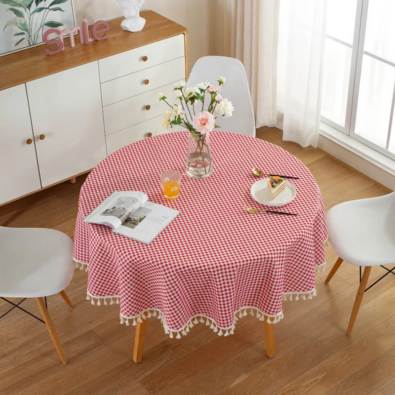 TABLECLOTH AROUND-Cotton Linen Tassel Tablecloth, Plaid Round Tablecloth, Red Striped Lattice Table Map, Wedding Cloth Cover