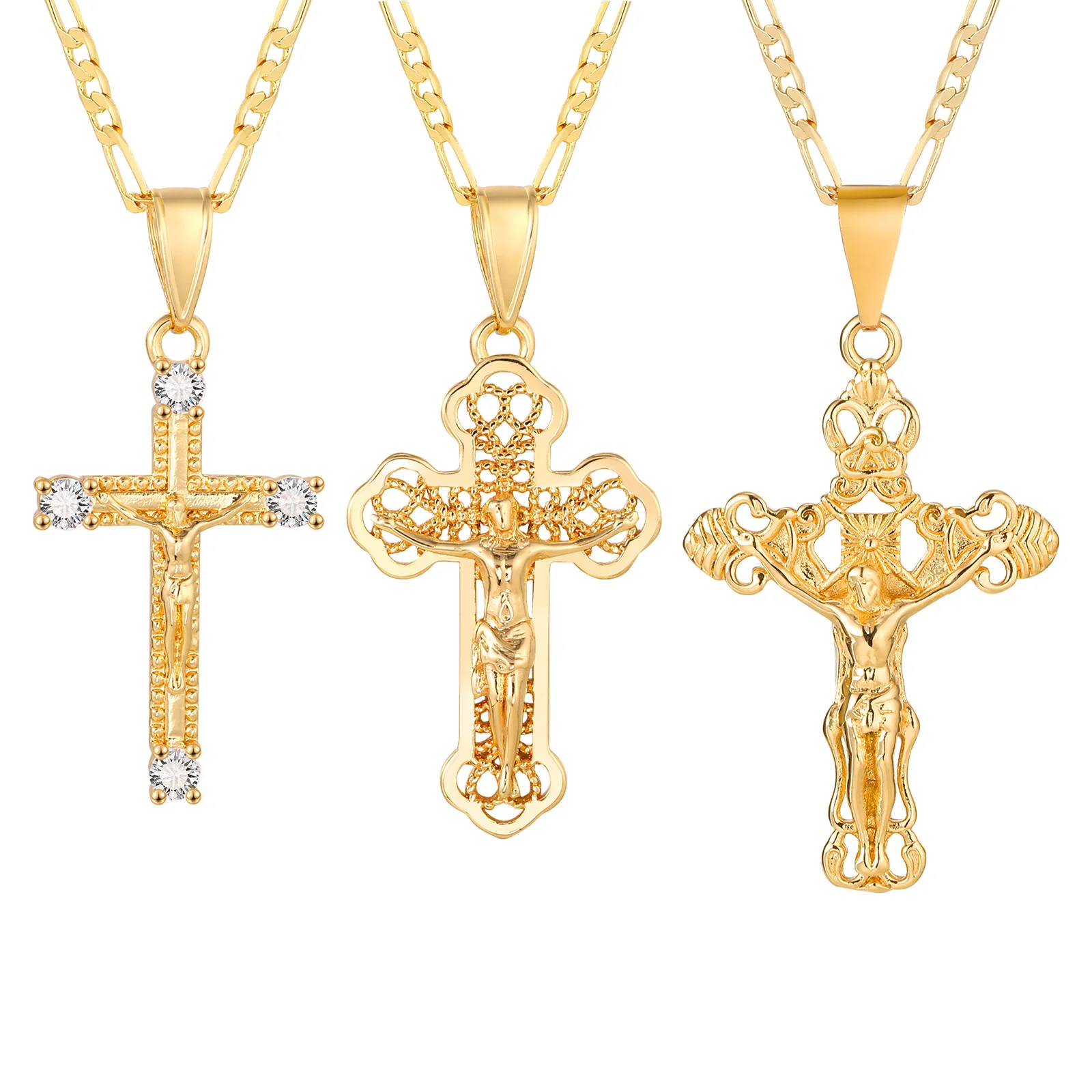 

CZ Cross of Jesus Christ Crucifix Pendant Necklace, Figaro Chain Adjustable, Women Catholic Jewelry