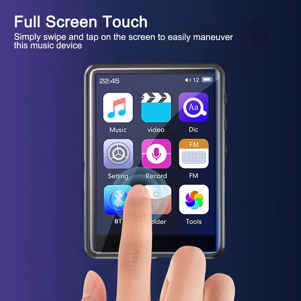 Leitor de música estéreo com tela sensível ao toque, MP3, MP4 Player, Gravador de vídeo, alto-falante embutido, Walkman, FM, E-Book, Bluetooth 5.0