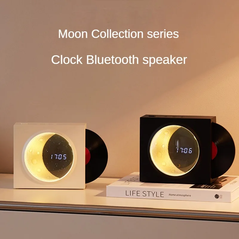 Wireless Clock Speaker Bluetooth 5.0 Stereo Music player Desktop decor Moon Light vinyl record shape rotatable support TF card