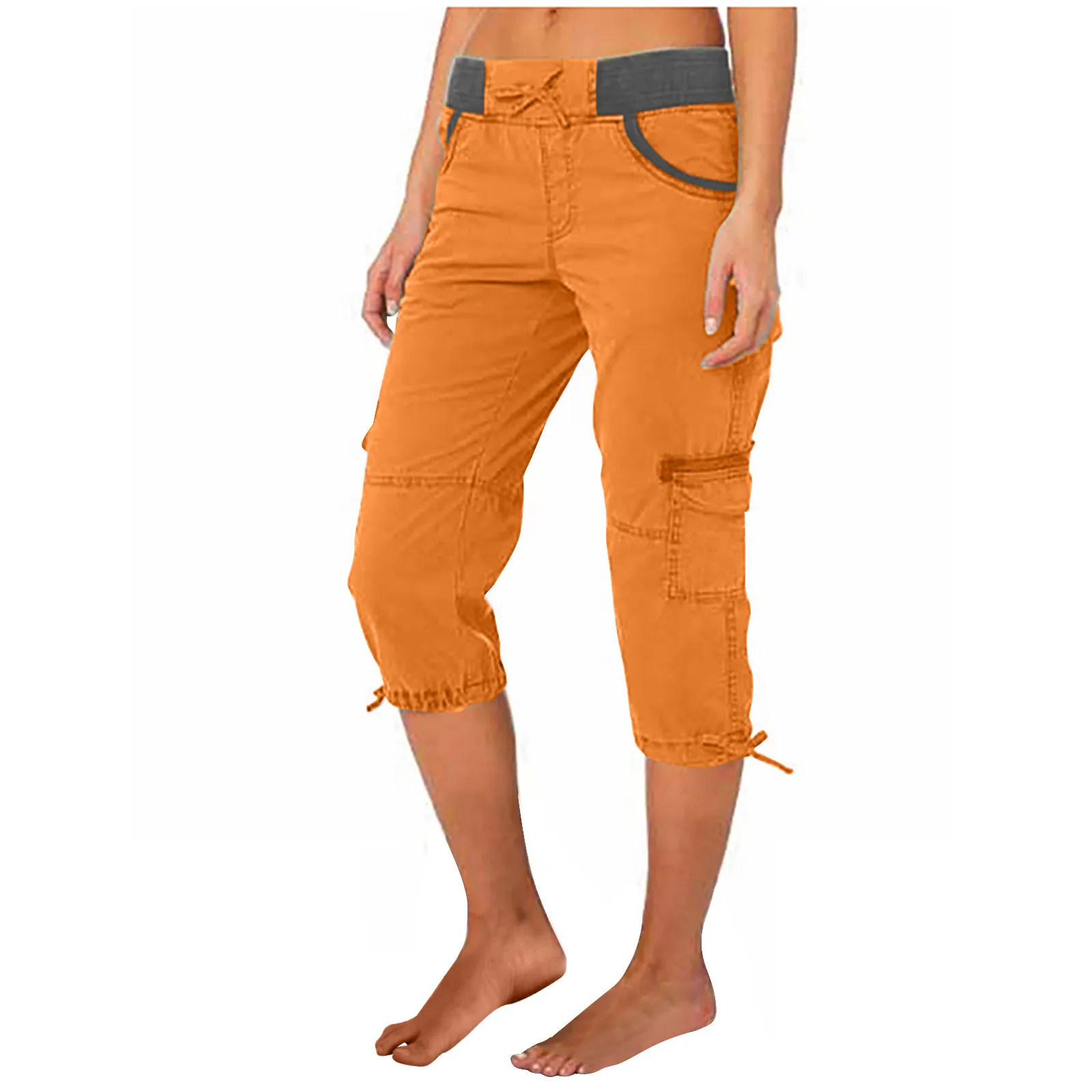 2026 Women's Summer Casual High Waist Drawstring Pocket Workwear Pants Solid Loose Wide Leg Extendable Cuffs 7-inch Pants Female