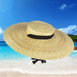 Women Wide Brim Boater Hat 12cm 15cm 18cm Brim Straw Hat Flat Women Summer With White Black Ribbon Tie Sun Hat Beach Cap