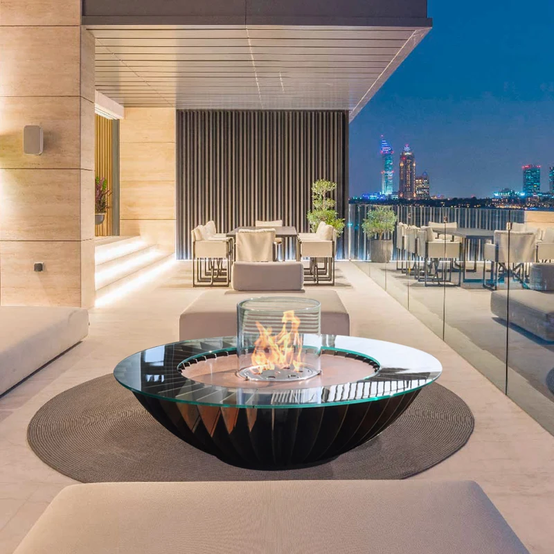 

Winter outdoor heating fireplace with windproof glass natural stainless steel propane volcanic rock garden stove round fireplace