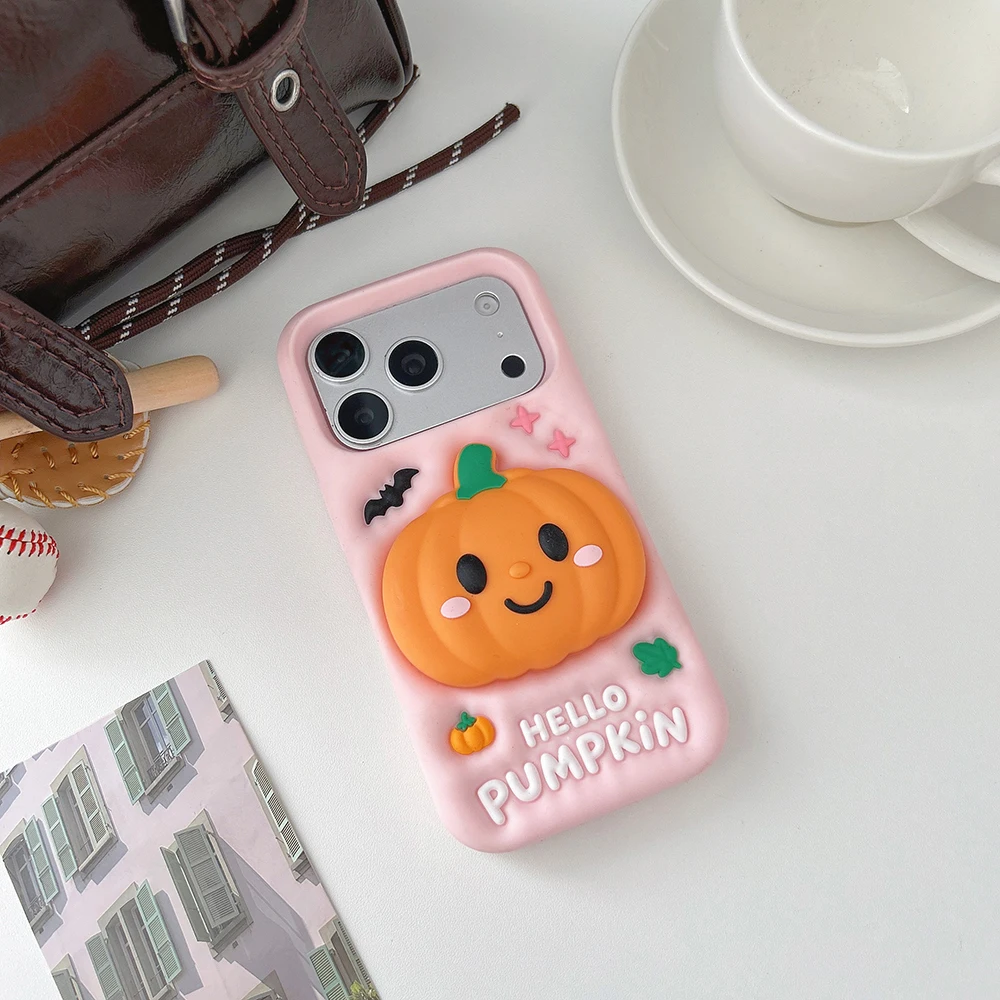 Niedliche 3D-Halloween-Kürbis-Handyhülle aus weichem Silikon für iPhone 18, 17, 16 Pro Max, stoßfest, mit integriertem Ständer, Schutzhülle. – Detail 4
