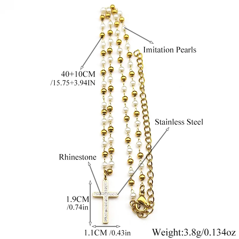 كريستال الراين الصليب قلادة قلادة للنساء حبات اللؤلؤ سلسلة الفولاذ المقاوم للصدأ القلائد الجمالية المجوهرات المسيحية #6