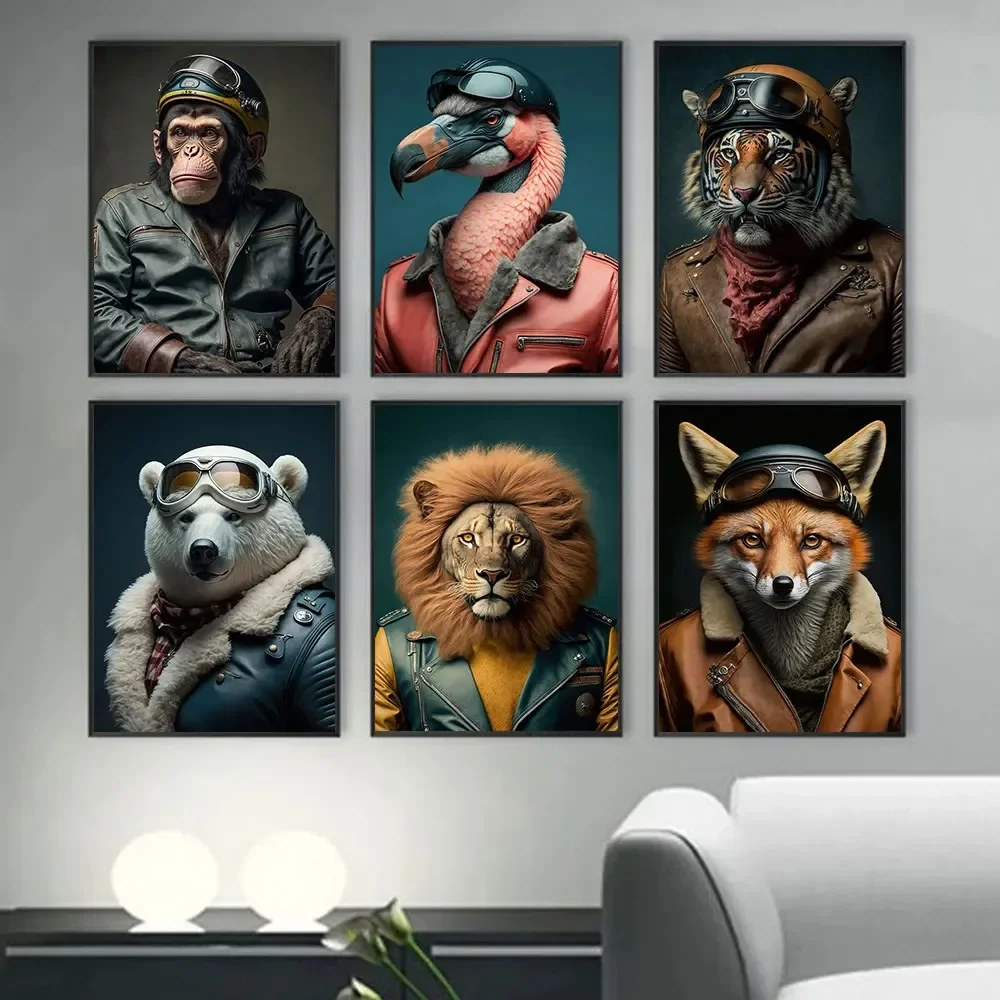 Canvas Painting Wall Art Funny Animal Aviator Poster Prints Lion Tiger Elephant Deer Aircraft Pilot for Living Room Decor