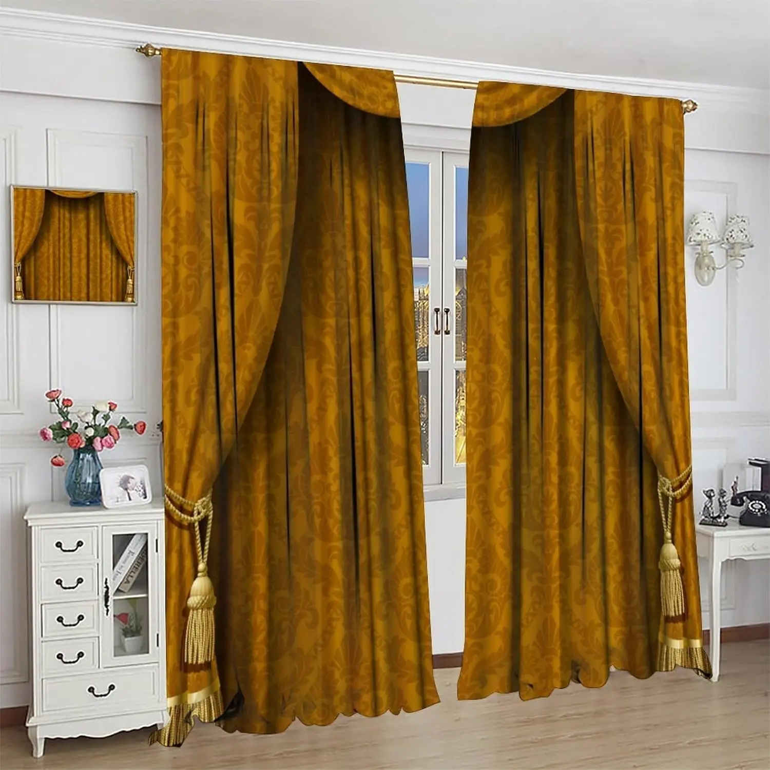 Theater Curtains, Retro Baroque Golden Curtain Pattern Window Treatments, Rod Pocket Thermal Insulated Drapes 2 Panel Sets for