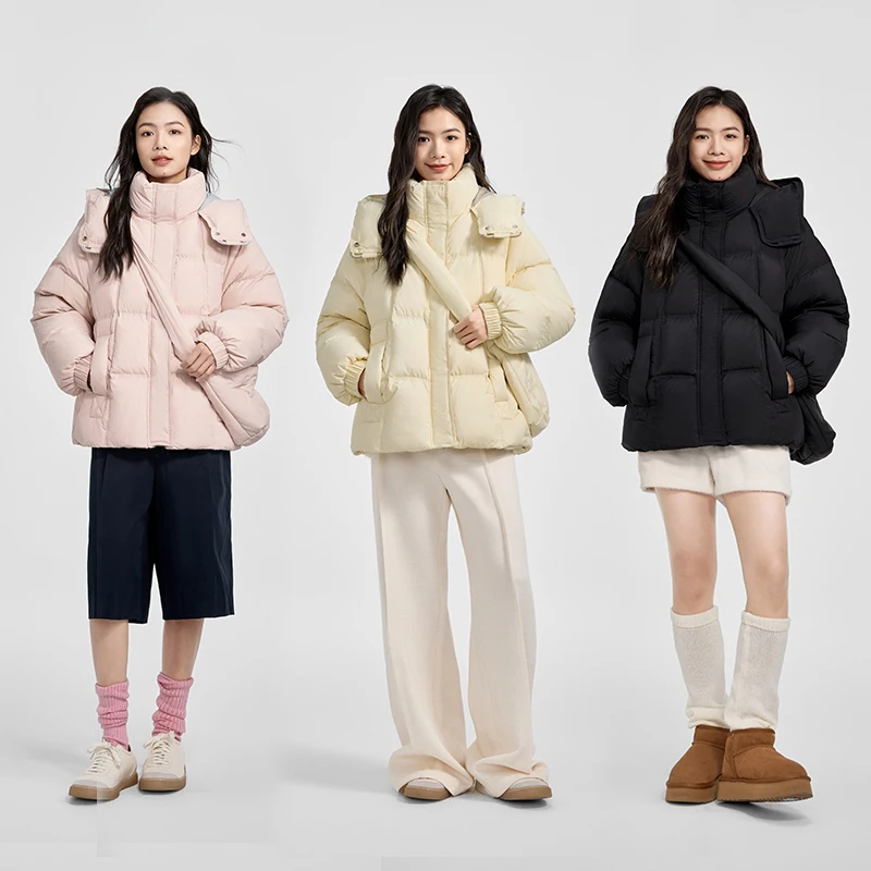 Chericom Chaqueta de plumón para mujer 90 relleno de plumón de pato 2025 capucha desmontable cuello alto bolsillo cálido ropa de abrigo corta acolchada Y308190Y