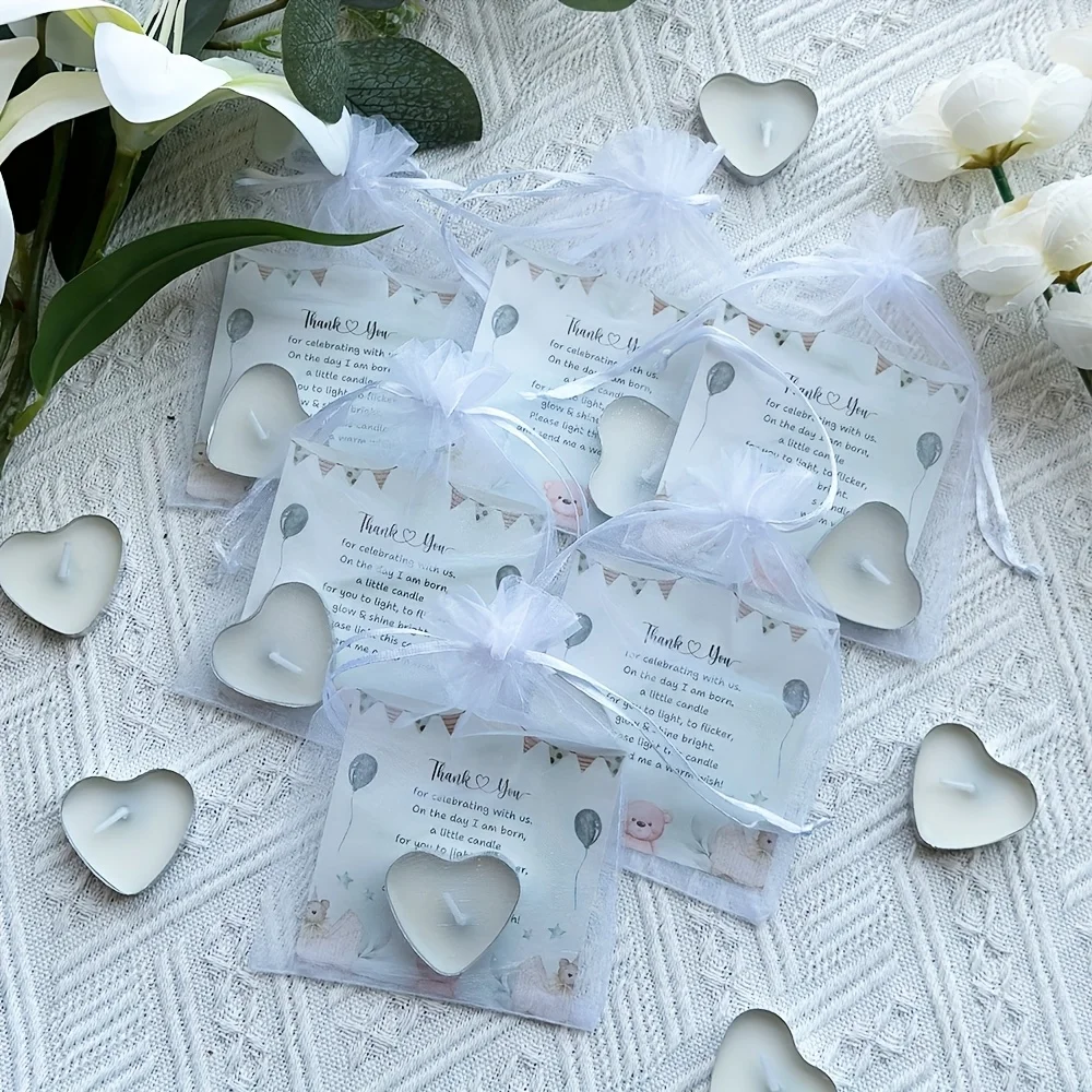 50 مجموعة من شموع استحمام الطفل، شموع قلب صغيرة لطيفة مع بطاقات وحقائب هدايا للكشف عن الجنس، ديكور الحفلات
