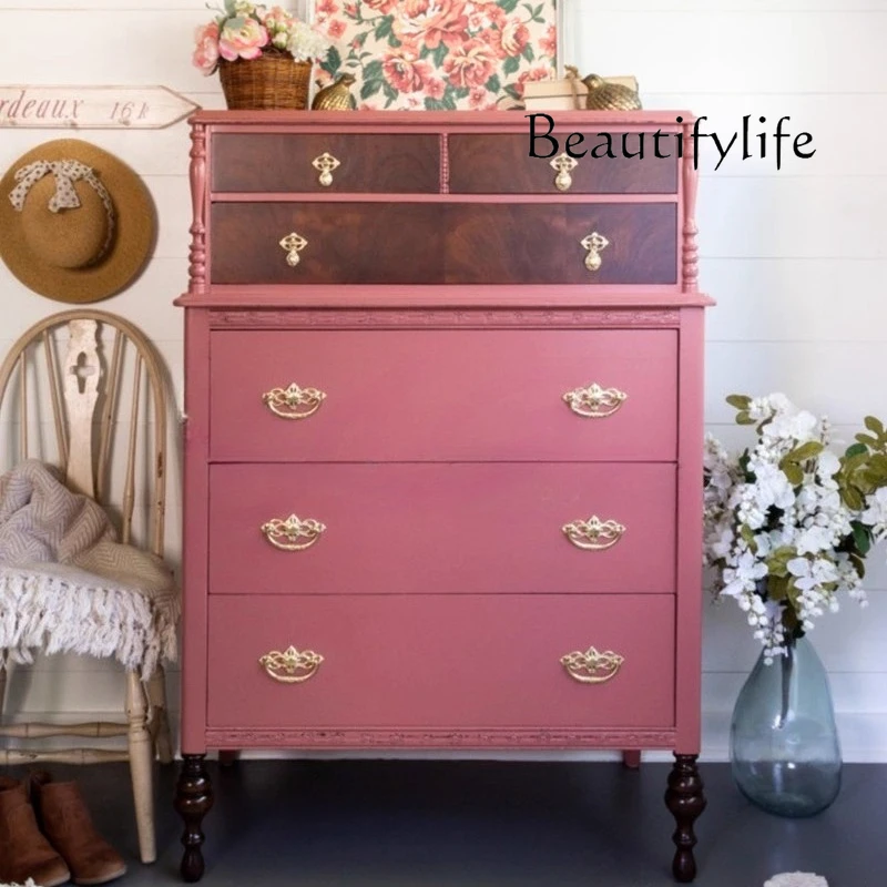 

French solid wood high chest cabinet bedroom household bedside six-bucket cabinet pink storage bedside drawer cabinet