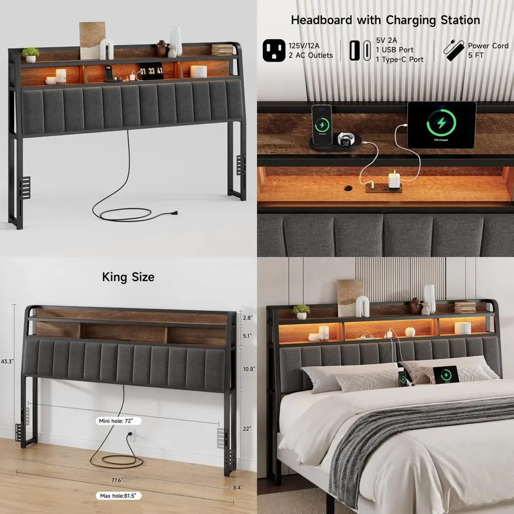 King Size Upholstered Headboard with 2-Tier Storage, Built-in Outlets, USB Ports, and LED Lighting