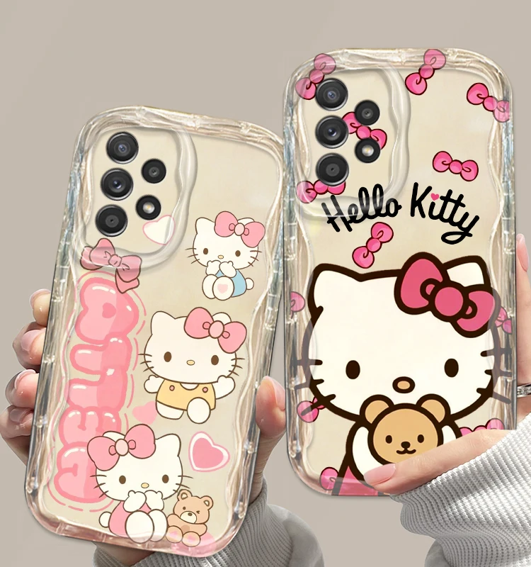 Cartoon Hello Kitty Cute Cover For Samsung Galaxy A55 A73 A72 A71 A54 A52 A51 A50 A35 A34 A33 A31 Wave Oil Transparent