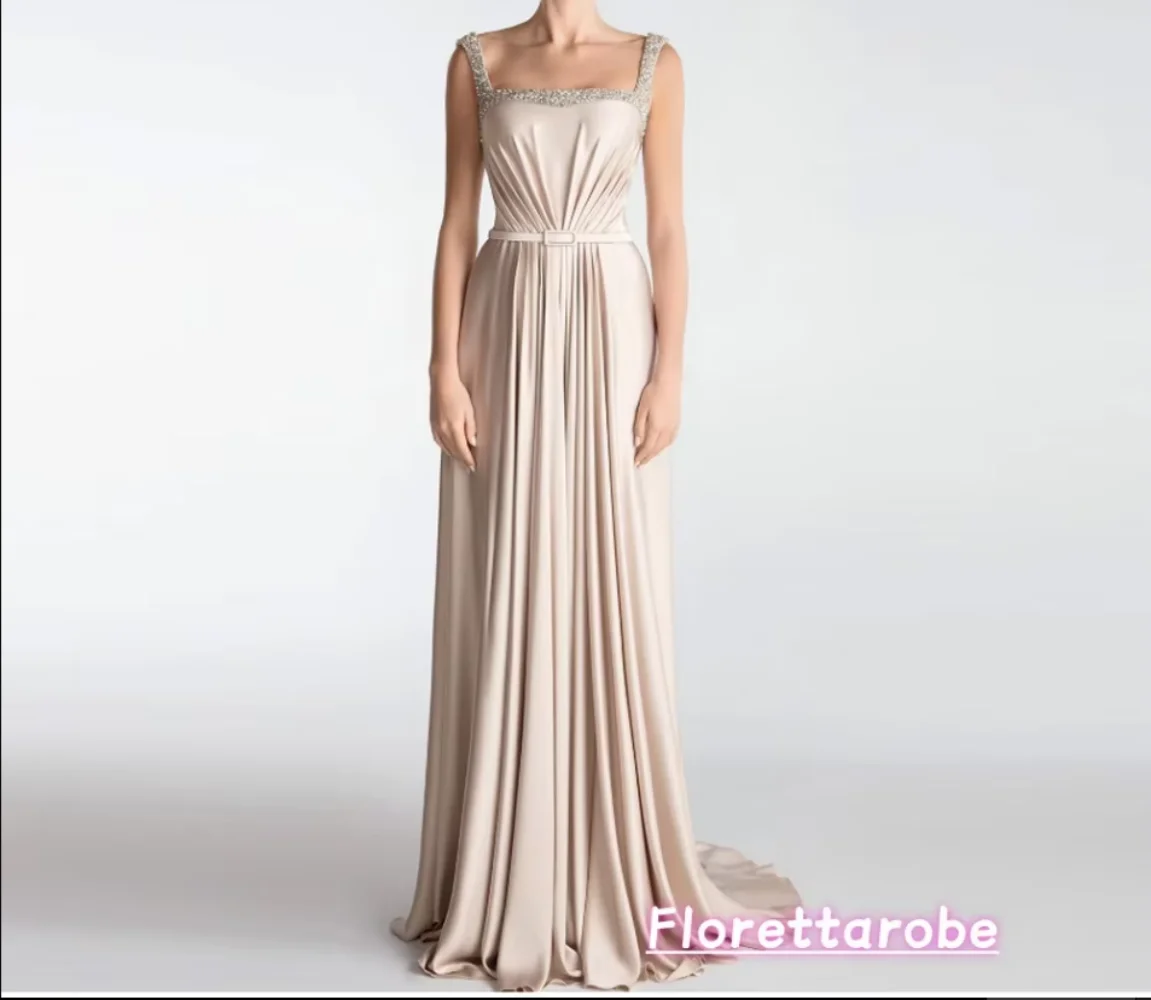 

Florettarobe Mermaid Evening Dresses Floor-length Square Collar Sleeveless Prom Gown Crystal Pleat Sashes Party Gown Customized