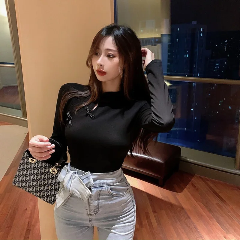 2025 ملابس آسيوية سوداء مثيرة تي شيرت شرقي صيني بأكمام طويلة ملابس الشارع الآسيوية شيونغسام ملابس نسائية على الطراز الصيني #3