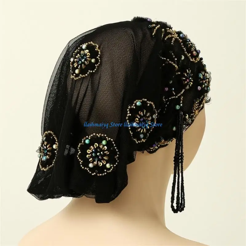 

573B Women's Beaded Lace Muslims Hijab Caps Turban Head Wrap Chemo Cap Headwear Cap Bonnet Hair Loss Hat