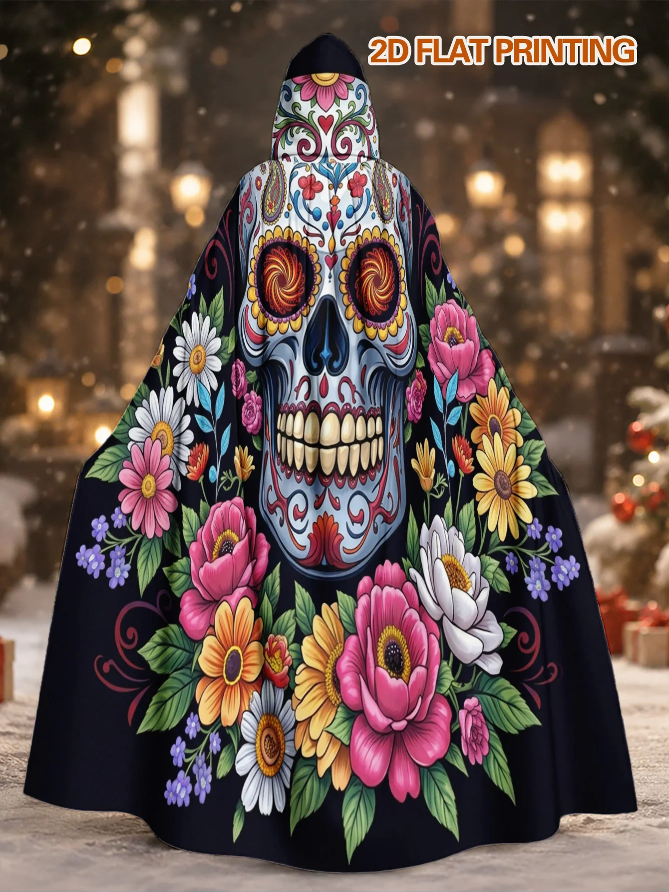 Customization 1pc, Polyester Costume Robe With Day Of The Dead Skull Elements, Hooded Adult Cape For Halloween Fantasy