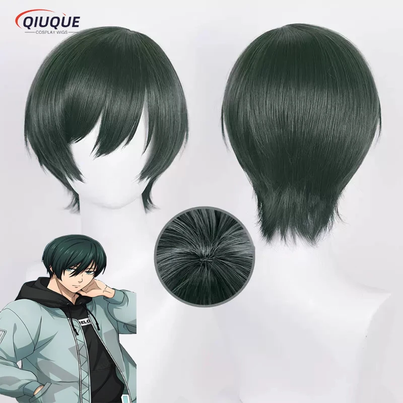 2 Estilo Rin Itoshi Peruca Cosplay Anime AZUL BLOQUEIO Rin Itoshi Verde/Preto Curto Peruca de cabelo sintético resistente ao calor + peruca Cap