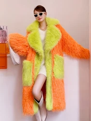 Original Design Orange Faux Fur Coat Femal Eco-friendly Loose lapel Long Jacket Lady Shaggy Outerwear Women's Winter Coats